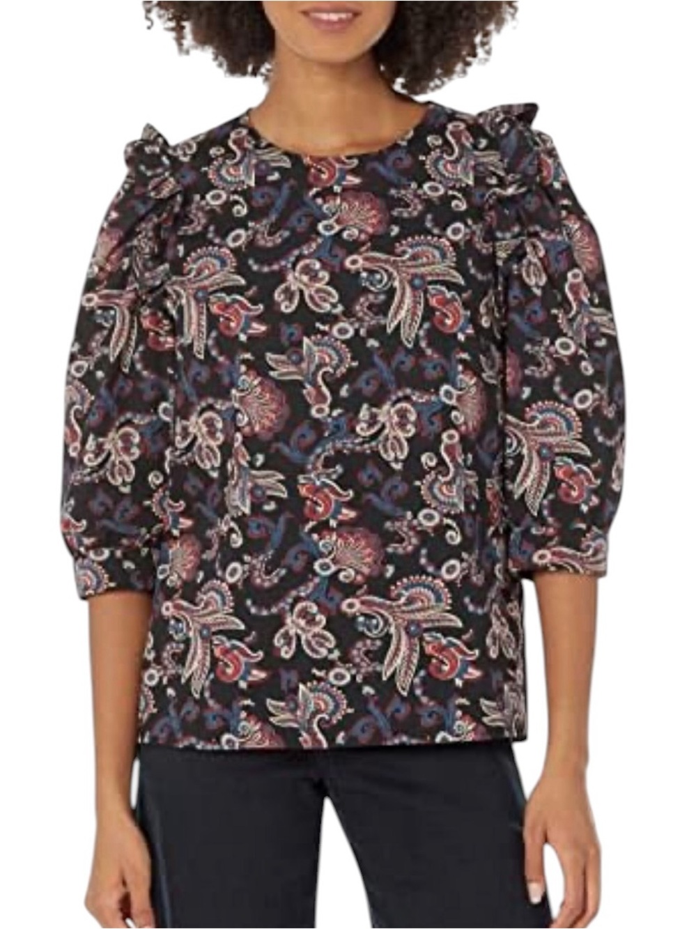 ba&sh Rym Black Paisley Puff-Sleeve ruffled blouse  size L excellent condition